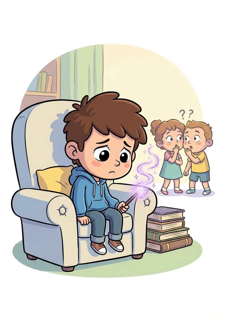 Leo felt his heart sink. He tried to explain that the rumor wasn't true, but no one seemed to believe him. Even his magic practice felt hollow.