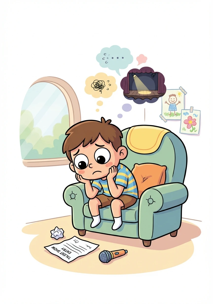 Discouraged, Leo considered dropping out of the talent show. The thought of performing in front of everyone filled him with dread.