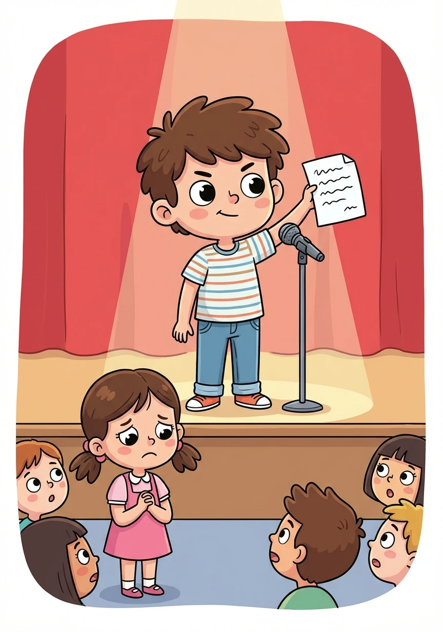 During the talent show, Leo bravely addressed the audience, revealing the truth about Maya's rumor and presenting his evidence. To everyone's surprise, Maya confessed to spreading the false information out of jealousy.