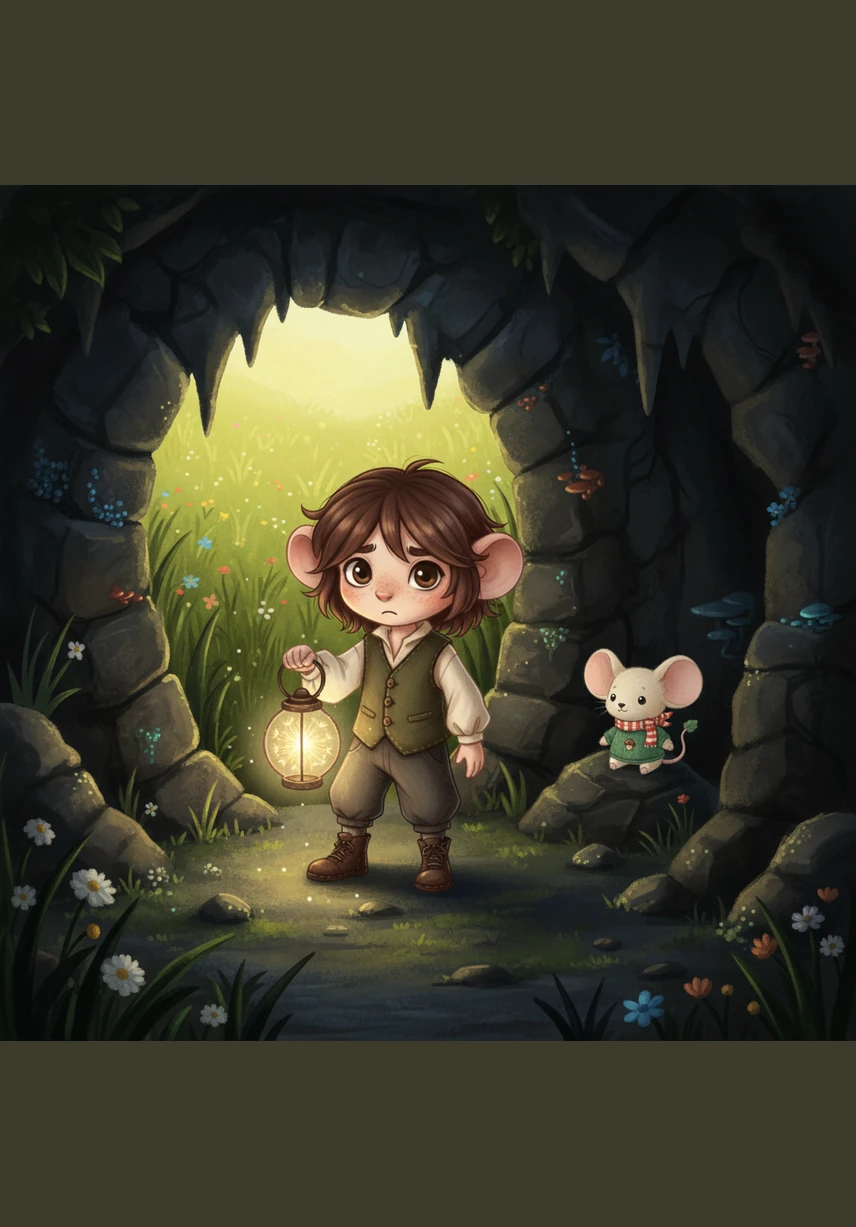 Pip stood at the mouth of the Whispering Cave, his tiny paws trembling as he clutched a glowing dandelion lantern. The golden sunlight of the meadow faded behind him, replaced by a yawning darkness that seemed to swallow every sound. He thought of his friend Squeak lost somewhere inside and took a deep, shaky breath, stepping onto the cold stone floor.