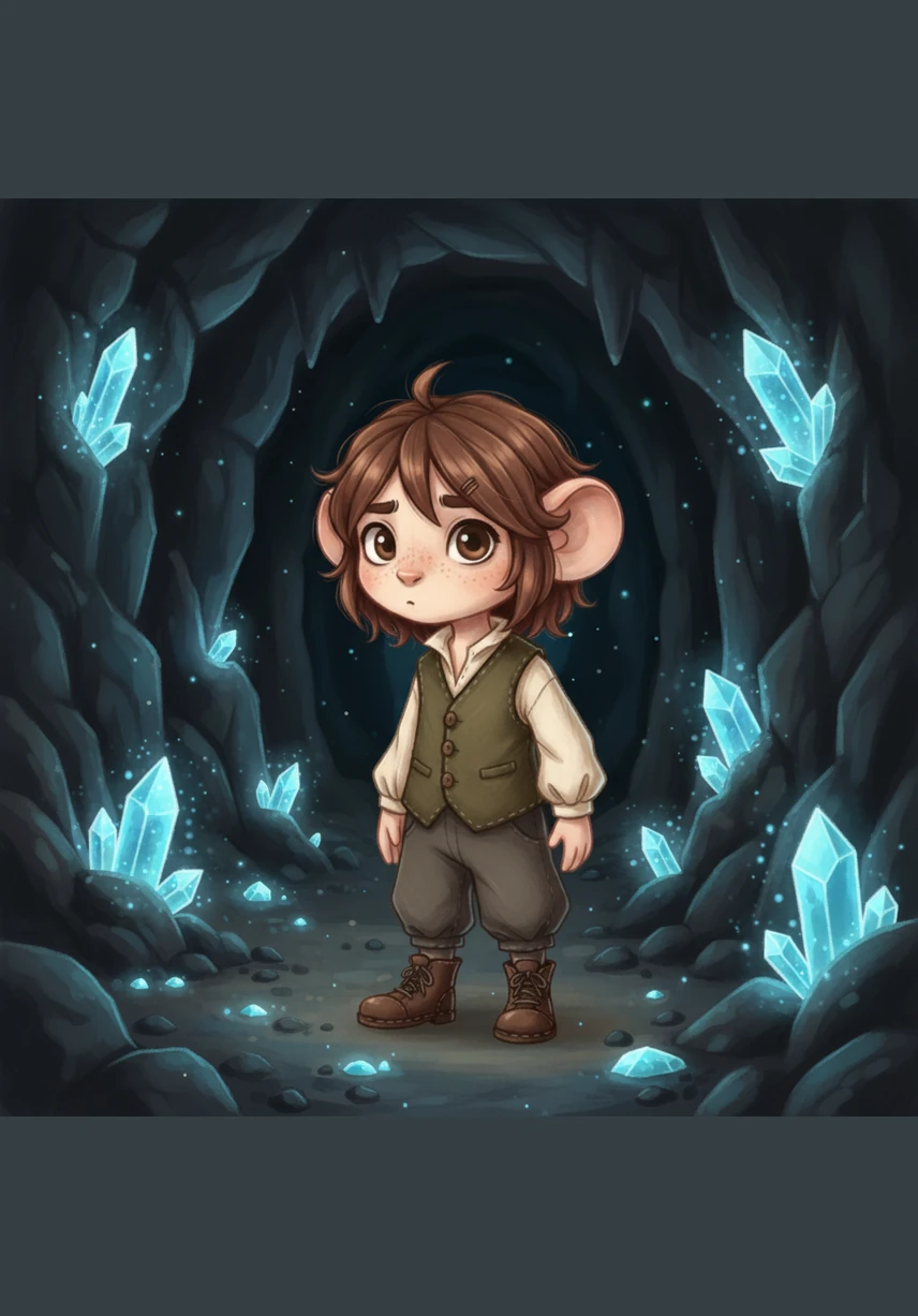 Deep within the cavern, the walls shimmered with mysterious blue crystals that twinkled like fallen stars in the gloom. Pip crept forward, his lantern casting long, dancing shadows that no longer felt like monsters but like quiet companions. Every soft rustle of his footsteps echoed through the stillness, guiding him deeper into the heart of the mountain as his fear began to melt away.