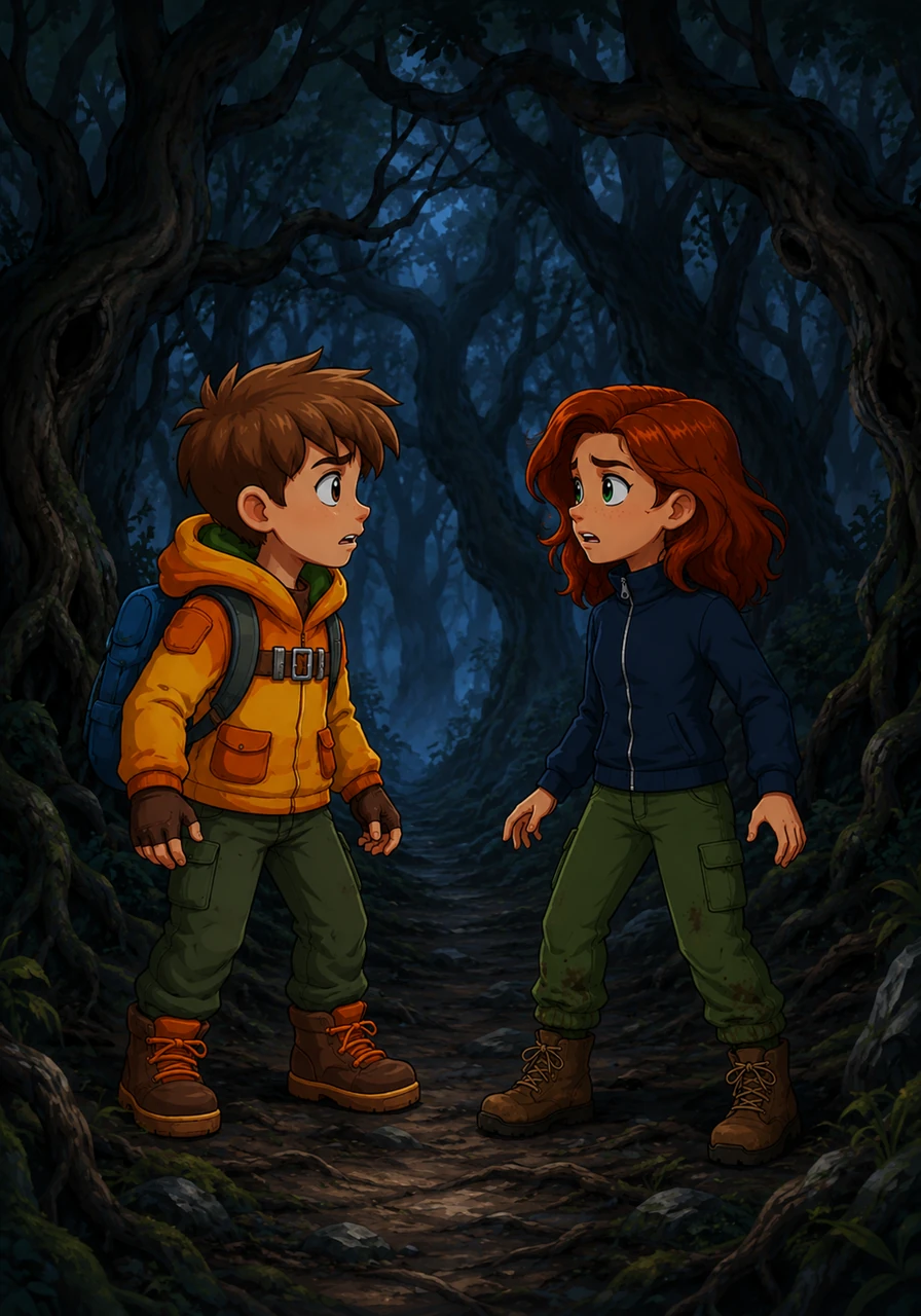 Leo and Mia stand face-to-face under a dense, dark canopy of ancient trees. Their eyes are wide with fear as they realize they are both lost in the heart of the mysterious Whispering Woods.