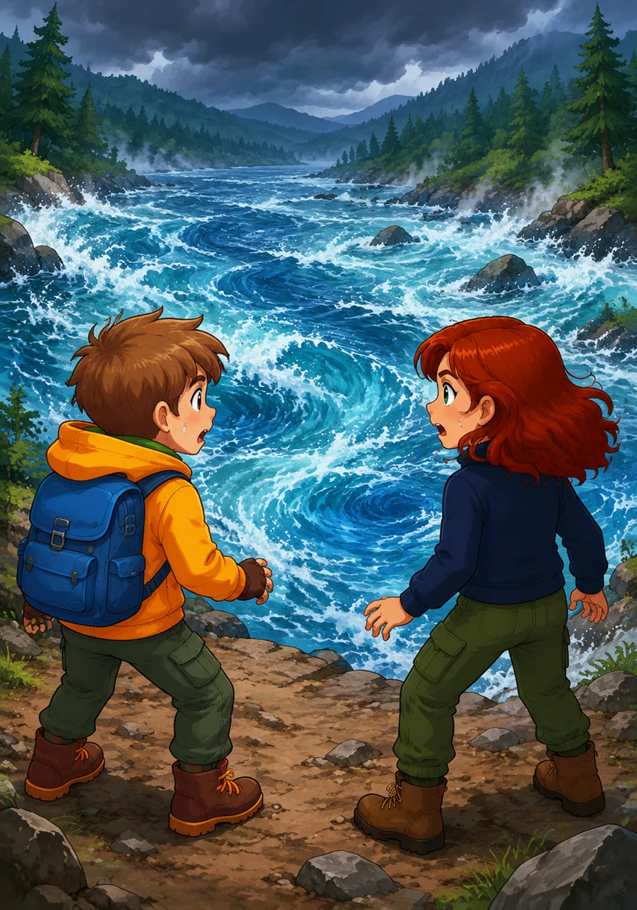 Suddenly, the children encounter a wide, rushing river that roars with an unnatural intensity. The water looks deep and dangerous, swirling in dizzying patterns that make their heads spin and their hearts race.