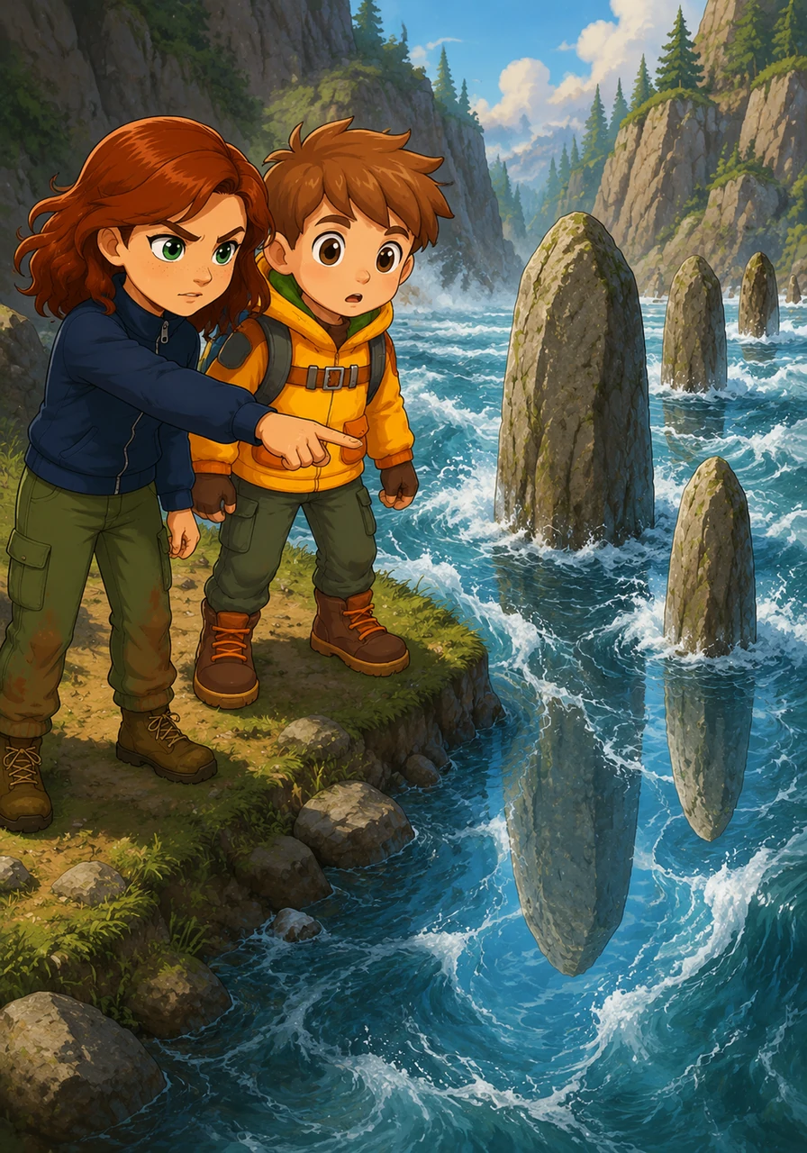 Mia narrows her eyes and notices that while the water moves wildly, the reflections of the stones remain perfectly still. She points out the trick to Leo, realizing the river is an illusion meant to frighten travelers away.