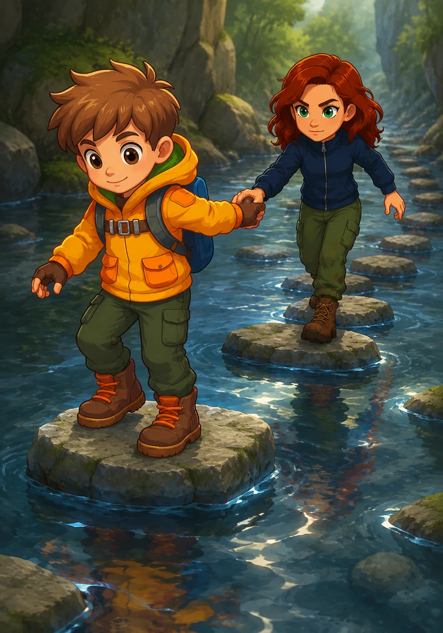 Leo takes a deep breath and steps onto the first solid stone, testing its weight before reaching back for Mia’s hand. Together, they navigate the illusory current, stepping only where the reflections are steady and true.