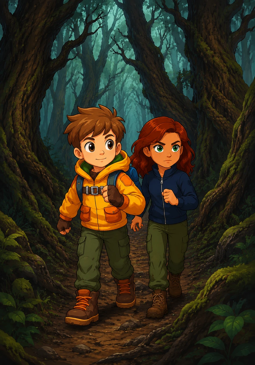 Having crossed the river, they venture deeper into the woods where the trees grow even taller and more gnarled. They walk close together, their initial terror slowly turning into a determined focus as they rely on each other's presence.