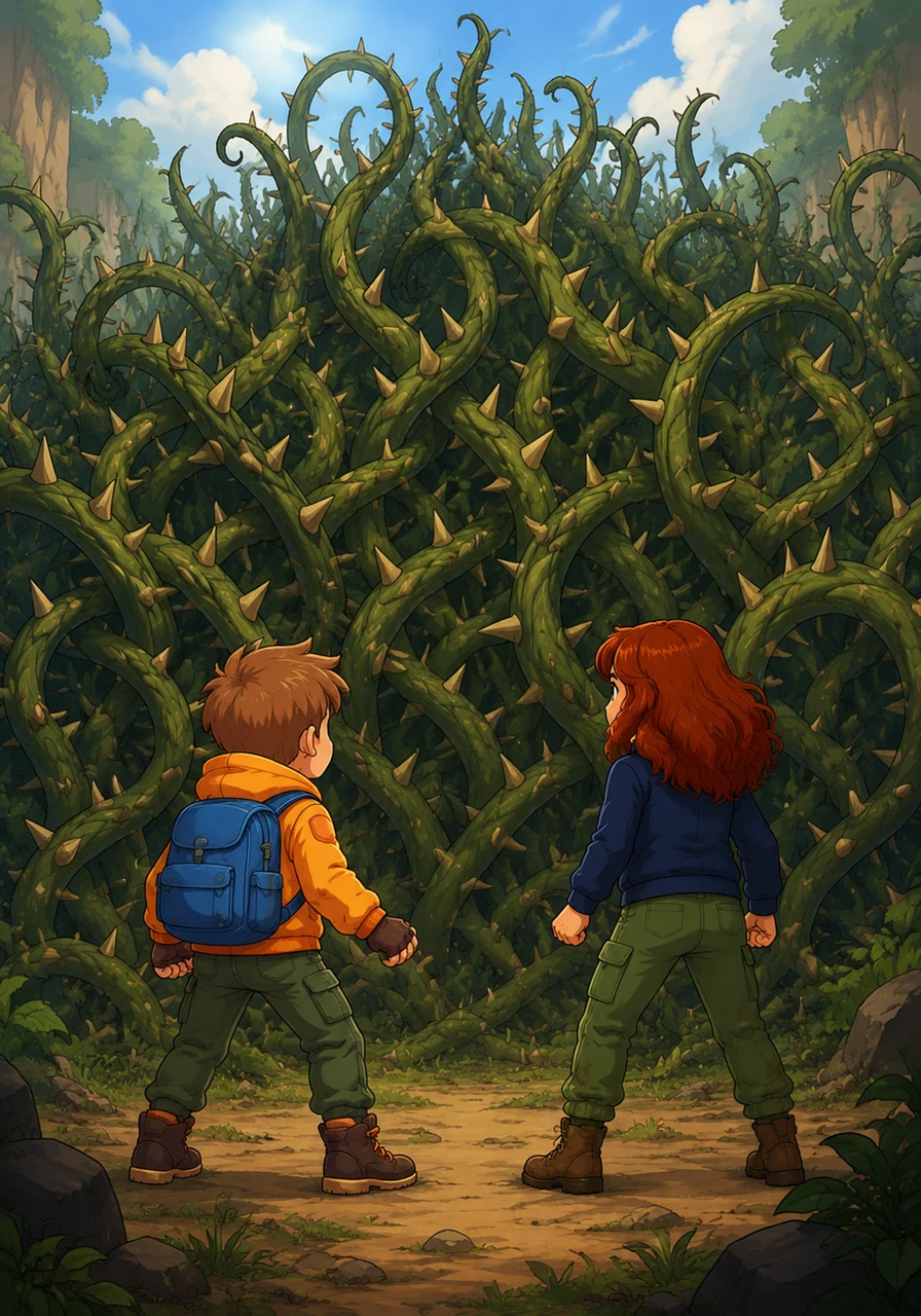 A massive wall of sharp, thorny vines rises before them, stretching high into the air and blocking all passage. The thorns look like jagged teeth, and the wall seems completely impenetrable to anyone trying to pass through.