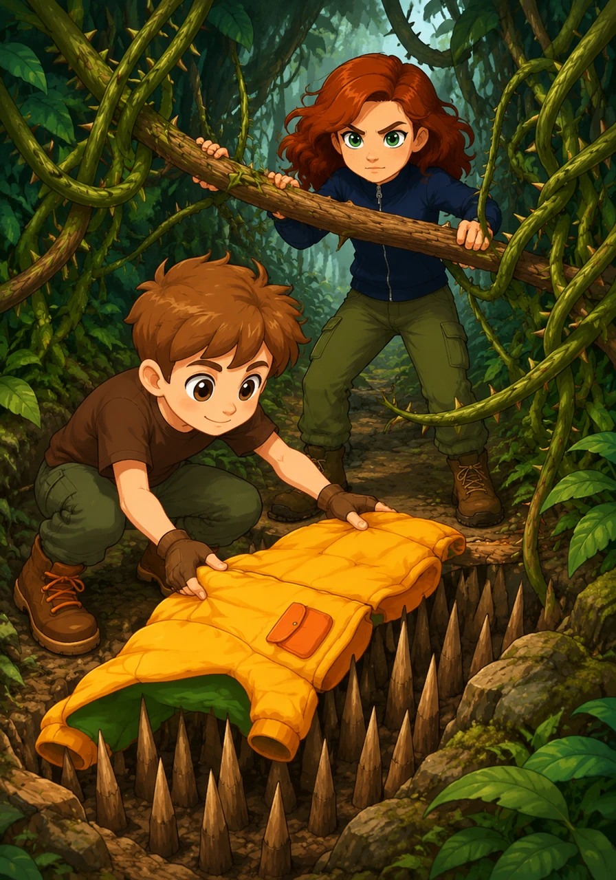 Leo remembers a survival trick and carefully drapes his thick jacket over the sharpest spikes to create a safe path. Mia uses a sturdy fallen branch to hold back the snapping vines, clearing a narrow gap for them to squeeze through.
