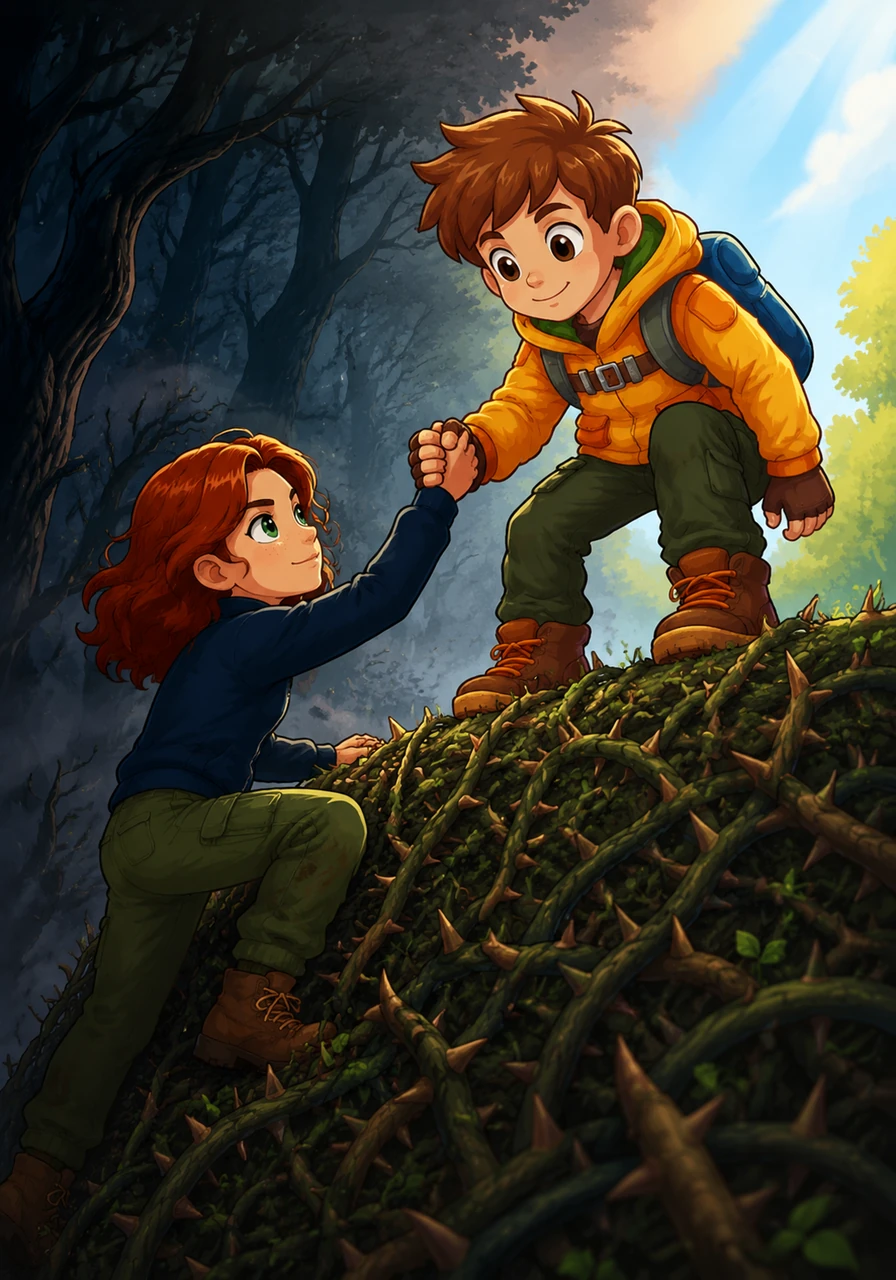 They help each other climb the final stretch of the thorny barrier, their hands locked in a tight, supportive grip. As they reach the top, the dark woods behind them seem to fade, losing their power to scare the brave duo.