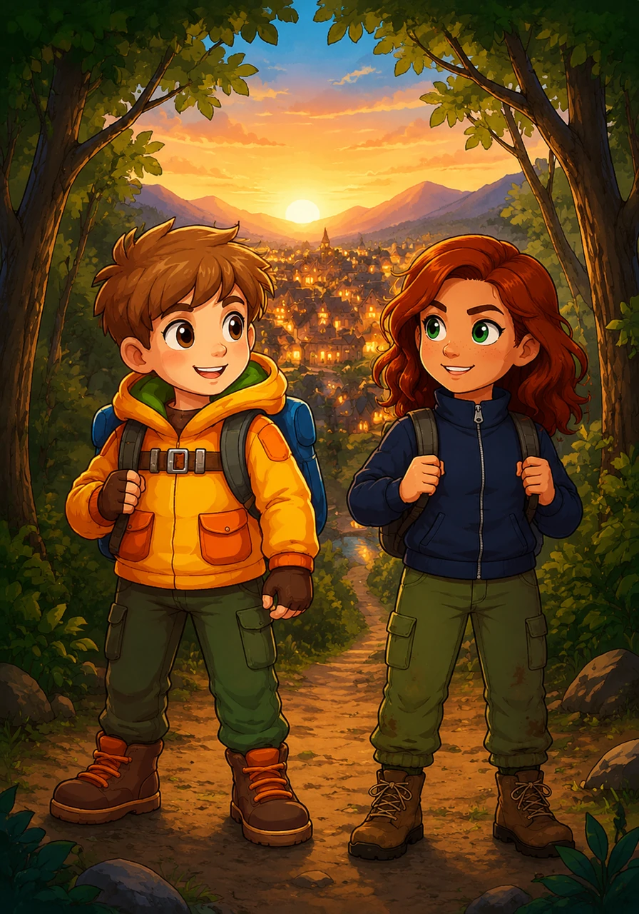 On the other side, the dense trees open up to reveal the warm, glowing lights of their village in the distance. Leo and Mia share a bright, triumphant smile, knowing that their newfound friendship was the real map that led them home.