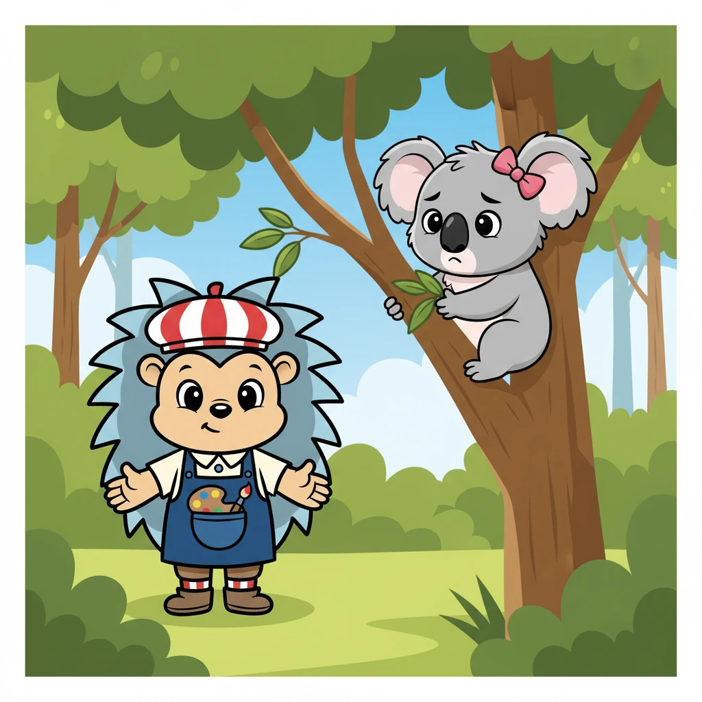 Soudain, Ronron rencontra Mia, un koala adorable, accrochée à un eucalyptus. Mia avait l'air un peu triste. Ronron, curieux, s'approcha pour lui parler.