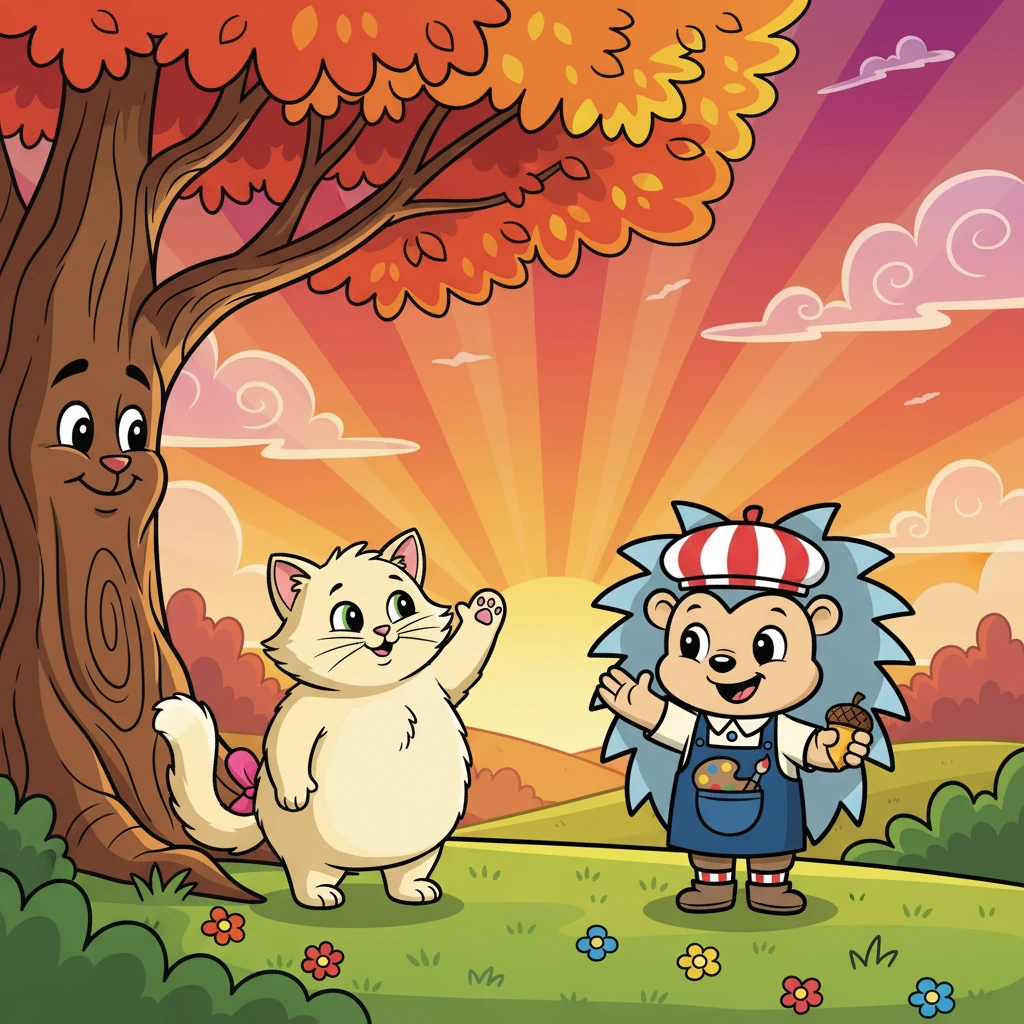 Le soleil se couchait, peignant le ciel de couleurs chaudes. Ronron et Mia, heureux et amis, se dirent au revoir, emportant avec eux le souvenir de leur arbre et de leur belle journée.