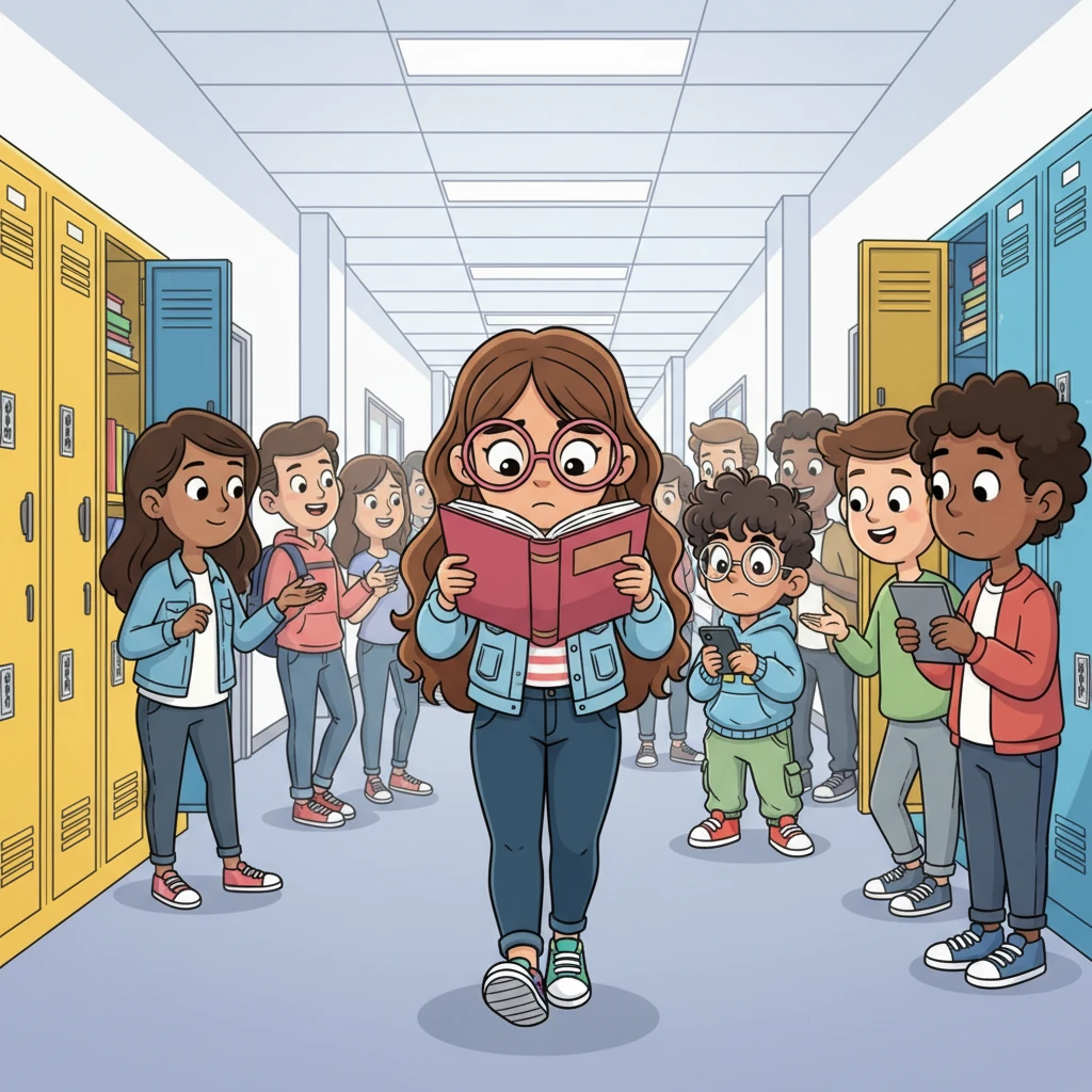 In a bustling high school hallway filled with bright lockers and chattering students, Maya walks by, completely engrossed in her own world. In the background, a slightly smaller, unassuming Aarush is barely visible, unnoticed by her.