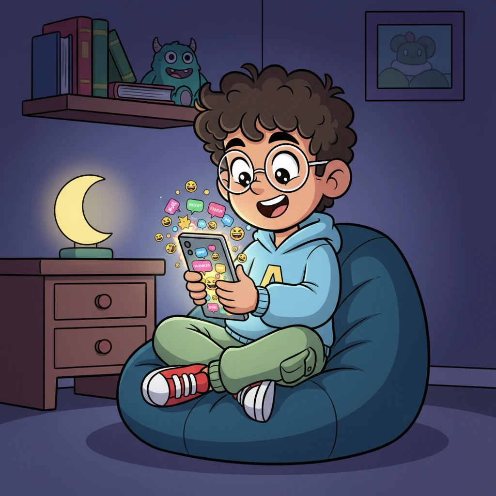 Late into the night, Maya's phone glows with a new message, sparking a casual online chat. Soon, the screen is filled with rapid-fire texts and laughing emojis, stretching into the early hours as a special connection begins to form.