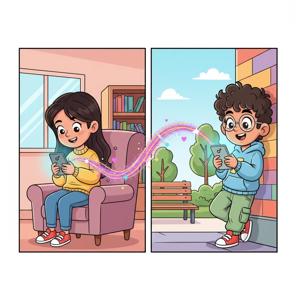 Two figures, Maya and Aarush, are depicted separately, each on their own side of the screen, with glowing phones in hand. Though physically apart and in other relationships, a vibrant, sparkling thread of emotional closeness visibly connects their digital selves.