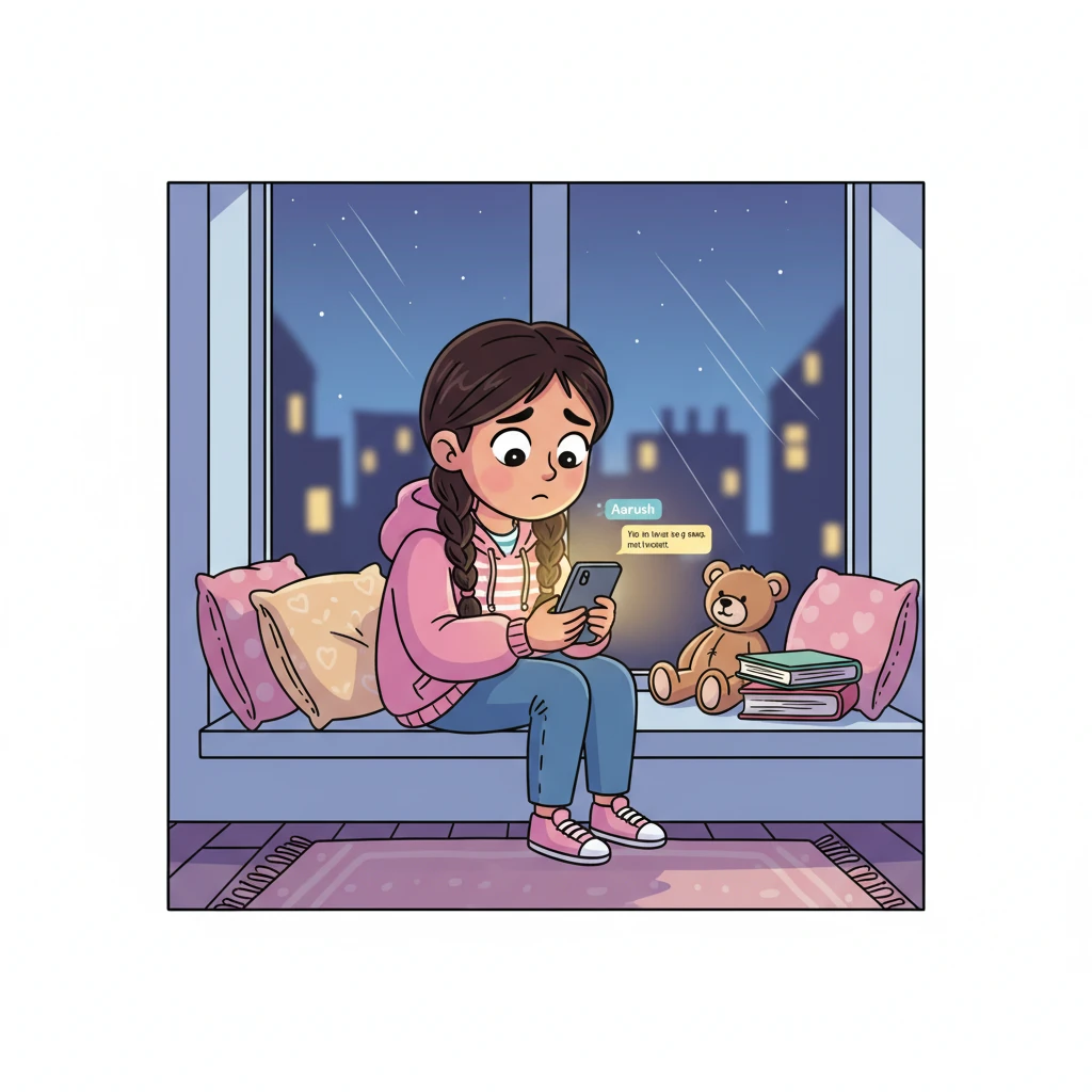 After a period of heartbreak, Maya sits alone, looking sad, scrolling through her phone until her eyes land on Aarush's chat. A warm, comforting glow emanates from his message as she finds the courage to pour out her heart.