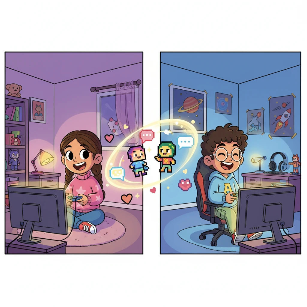 Maya and Aarush are shown side-by-side, each in their own room, but their screens are connected by a vibrant online game. They are laughing joyfully, controllers in hand, with playful chat bubbles and hearts floating between their virtual characters.