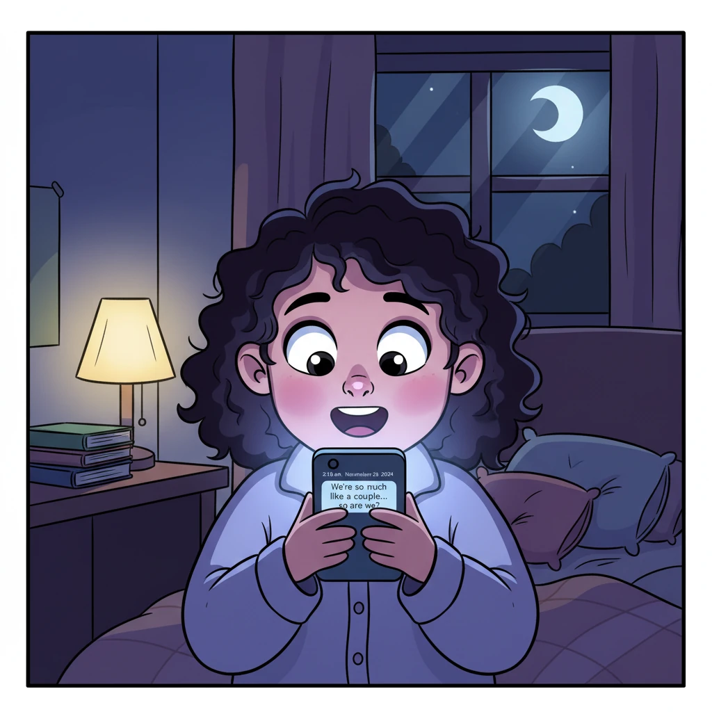 The glowing screen of Maya's phone displays a message at precisely 2:16 a.m. on November 29, 2024: "We're so much like a couple... so are we?" Maya's face is a mix of surprise and overwhelming happiness, her eyes wide with realization.