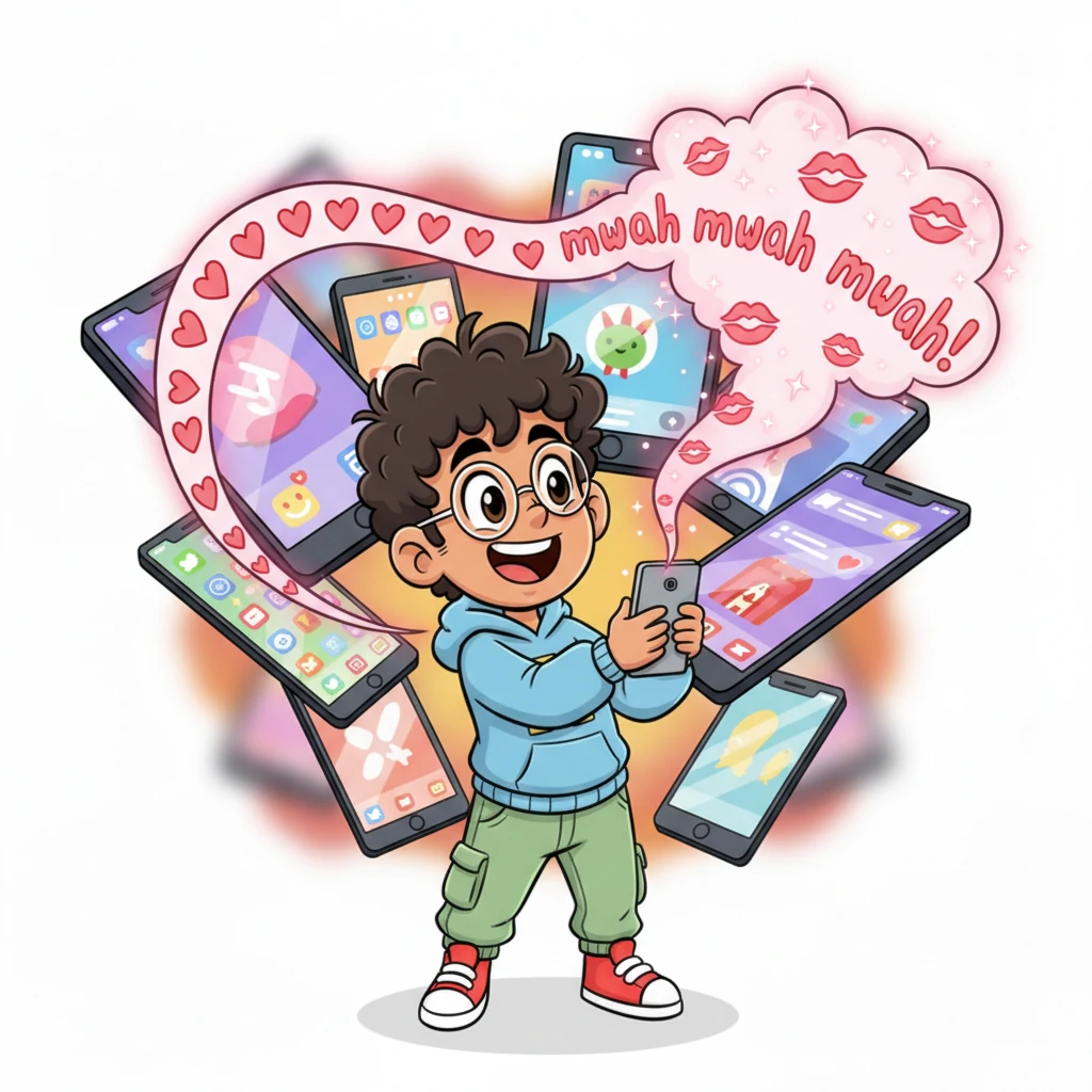 A vibrant collage of phone screens bursts with their unique communication rituals. Exaggerated, stretching text messages like "I loooooooooove you" and playful "mwah mwah mwah" kisses fill the air with glowing hearts and stars, showcasing their loud, overflowing love.