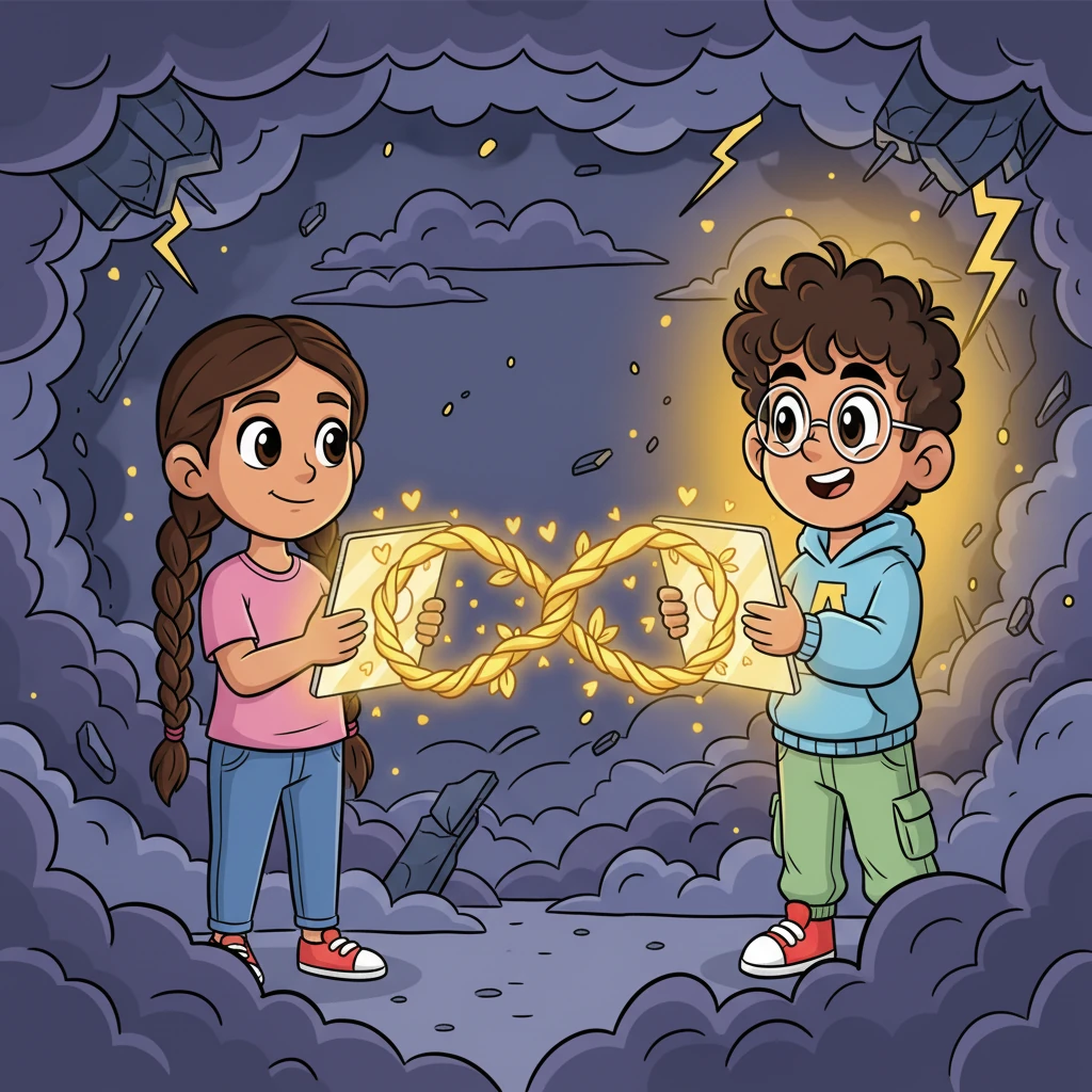 Despite a stormy background with swirling clouds and broken elements, Maya and Aarush are shown virtually holding hands through their screens, a powerful, unbreakable golden bond connecting them. His unwavering support shines like a beacon, making their love stronger.