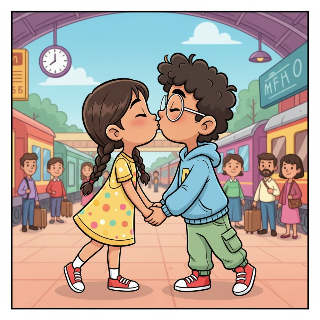 At a bustling, colorful railway station, Maya and Aarush finally meet, initially a bit flustered, but quickly finding each other. They hold hands, their faces beaming with joy, sharing a sweet, lingering kiss, a magical moment where their screen love comes to life.