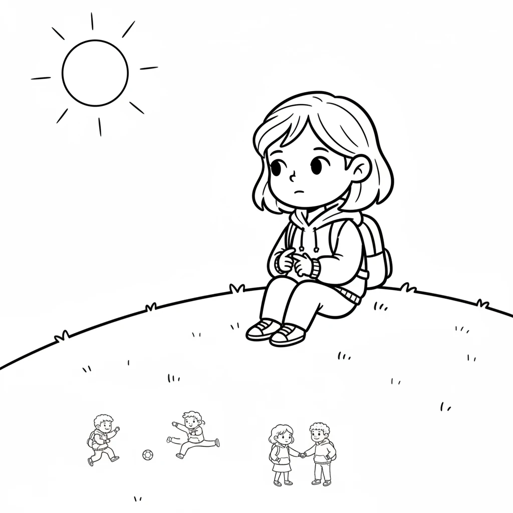 Lily sits alone on a small hill, watching other children play in the distance. Her round face holds a thoughtful expression as she gently taps her tiny fingers together. The world seems bright, but she feels a little quiet today.