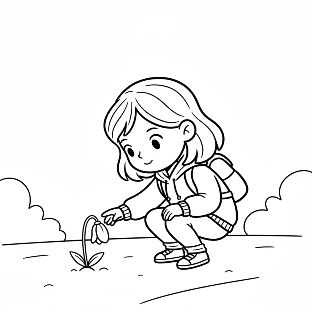 As she walks, Lily spots a small, wilting flower by the path. Its single petal droops sadly towards the ground. She stops, her bright eyes noticing its need for care.