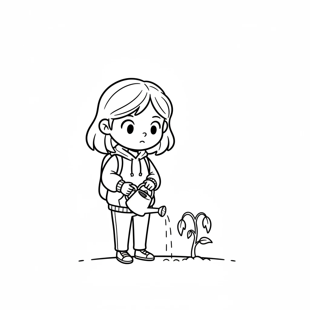 A tiny watering can appears in Lily's hand, and she carefully tilts it. A gentle stream of water rains down on the thirsty plant. Lily watches with focused attention, hoping her small action will help.