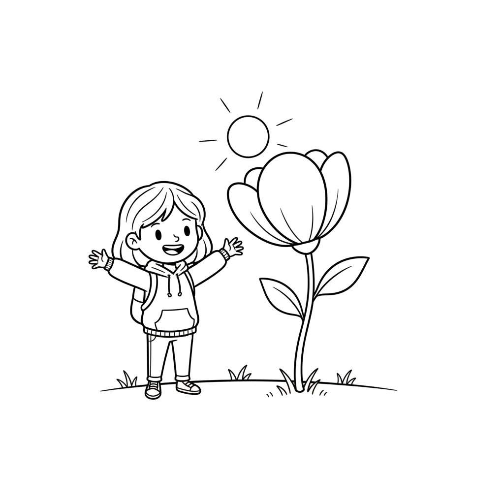 The next morning, Lily returns to find the flower standing tall and vibrant. Its petals unfurl towards the sun, a picture of happy health. A wide, joyful smile spreads across Lily's face.