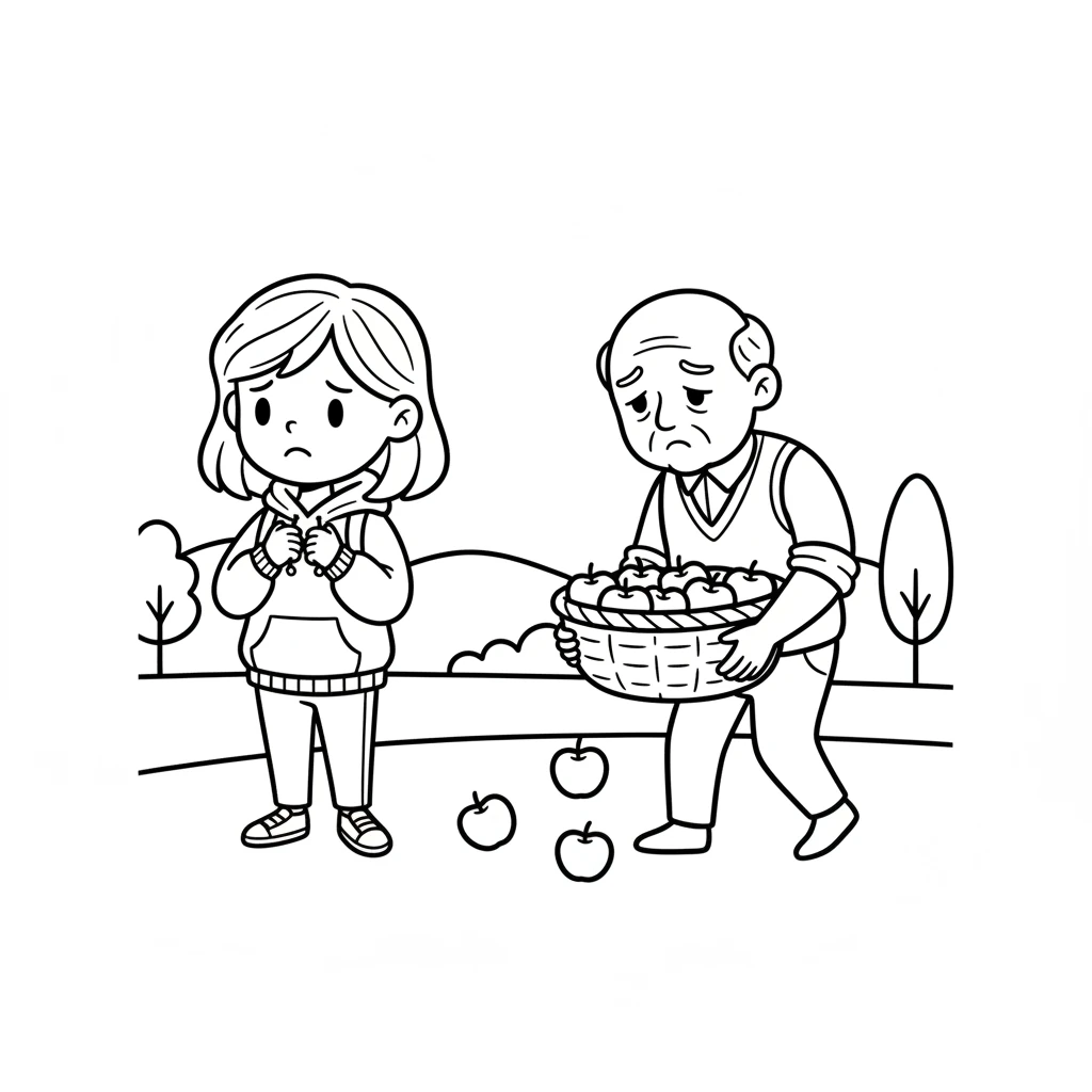 Later, Lily sees an older friend, Mr. Pips, struggling with a large basket of apples. His arms are full, and a few apples threaten to tumble out. He looks a little tired as he walks slowly.