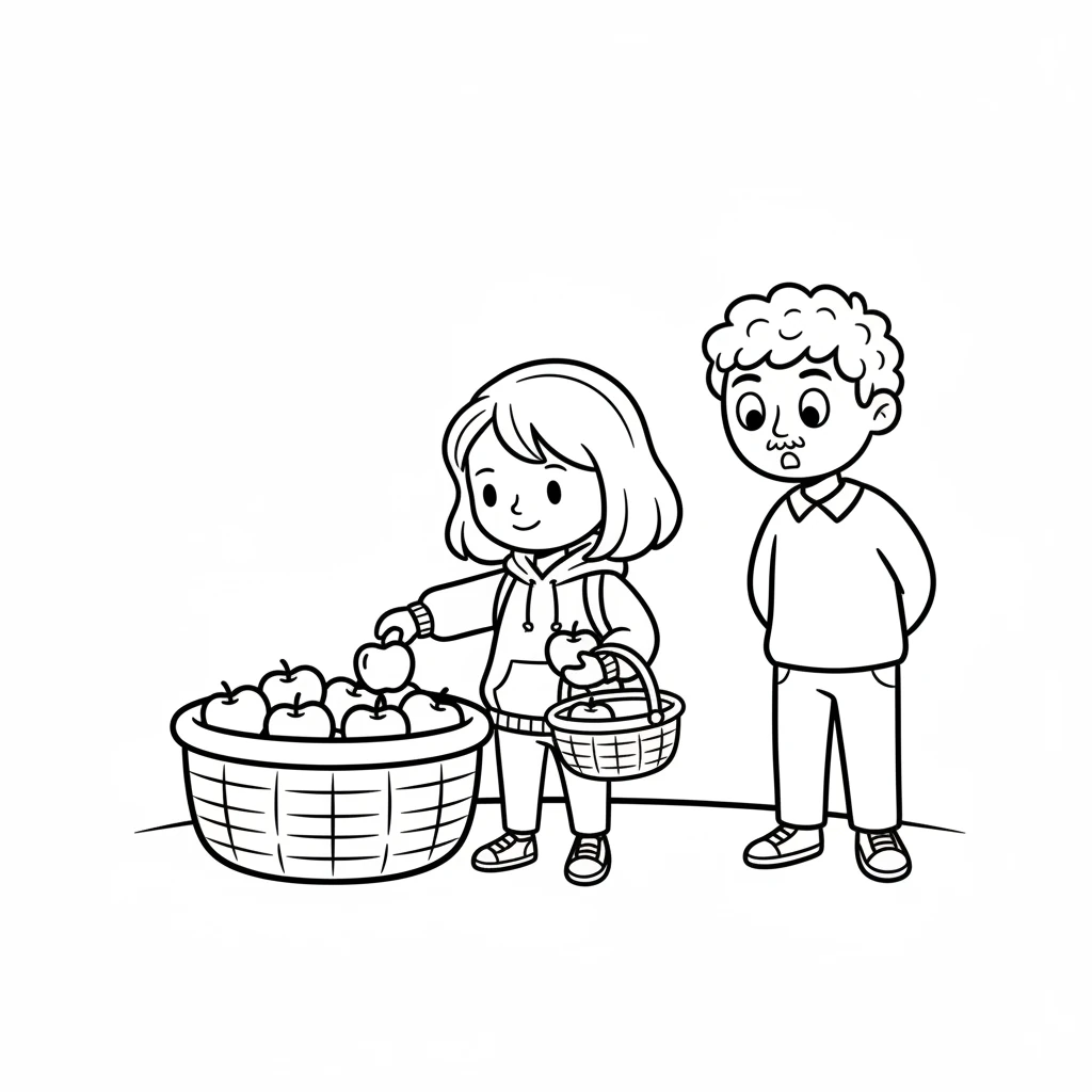 Without a word, Lily steps forward and gently takes a few apples from the overflowing basket. She carefully places them into her own small, empty basket. Mr. Pips looks down, surprised.