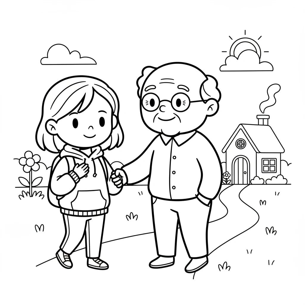 Together, they walk to Mr. Pips' cozy cottage. He beams at Lily, his kind eyes twinkling with gratitude. Lily feels a warm, happy feeling blooming in her chest, like the flower she watered.