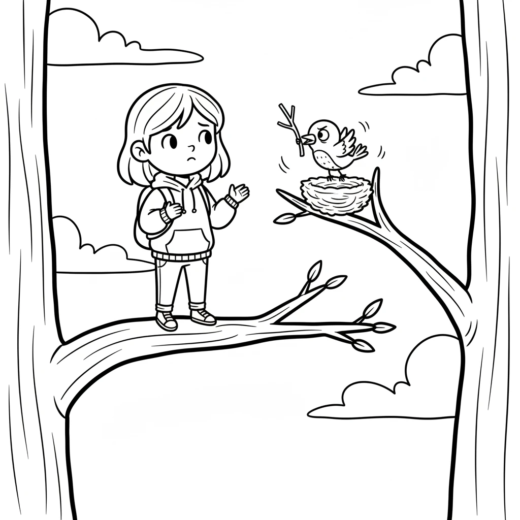 High above, Lily notices a little bird fluttering frantically around a half-built nest. It tries to carry a long twig, but it keeps slipping from its beak. The bird looks quite frustrated.