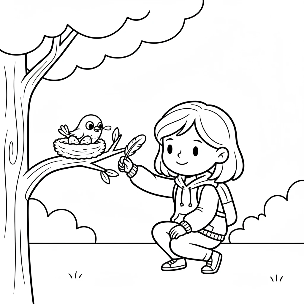 Lily carefully finds a soft, fluffy feather on the ground. She places it gently on a low branch near the bird's nest. The little bird pecks at it curiously, then picks it up easily.