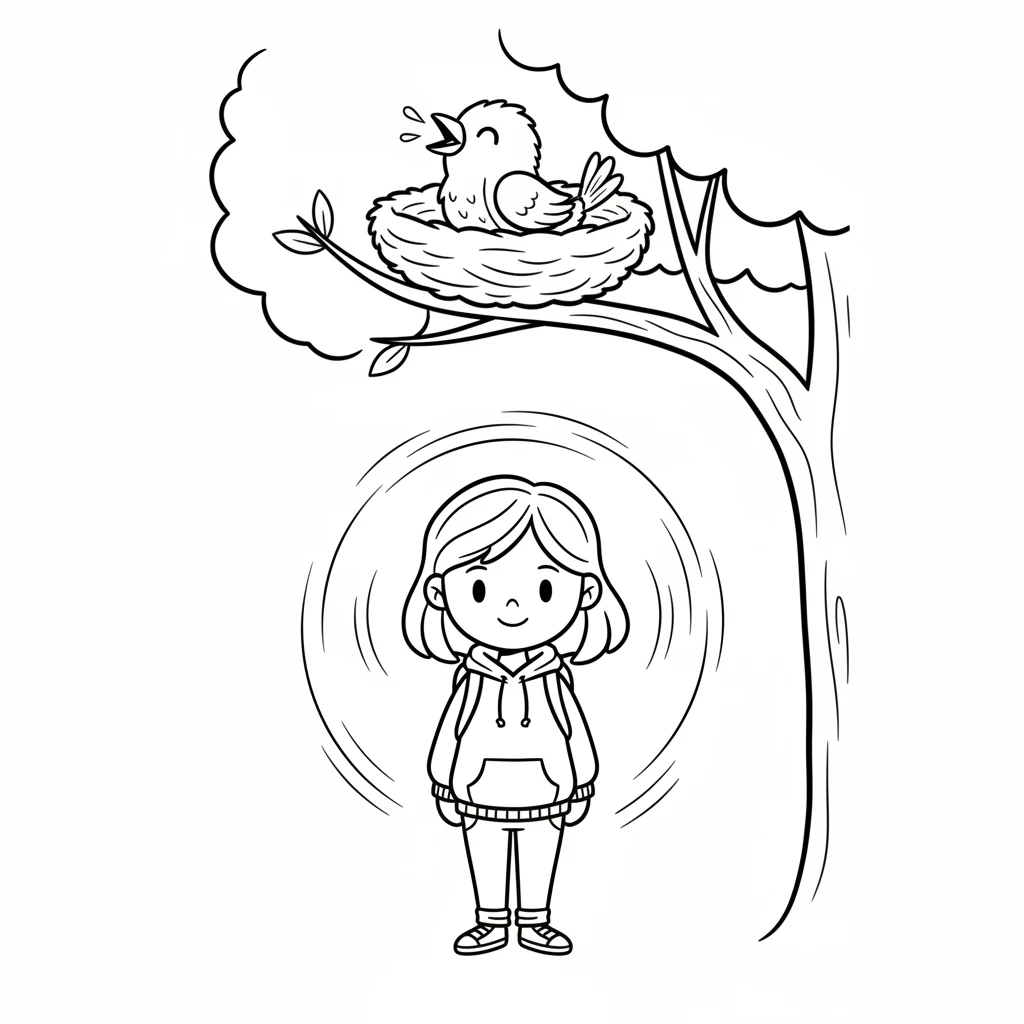 Soon, the bird's nest is complete, soft and warm with the feather inside. The bird chirps a happy song from its new home. Lily watches from below, a radiant glow surrounding her, knowing her small acts made the world a little brighter.