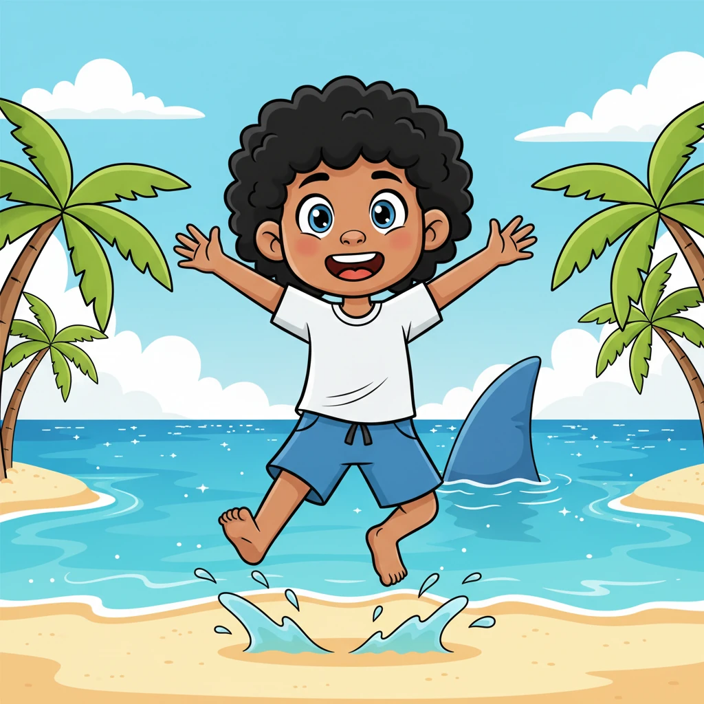 Jojo, a happy island boy with tan skin and curly black hair, stands barefoot on a sun-drenched Micronesian beach. He wears blue shorts and a white t-shirt, beaming a wide smile. Behind him, the sparkling blue ocean stretches out, dotted with swaying palm trees, and a friendly, enormous blue shark fin peeks playfully from the waves.
