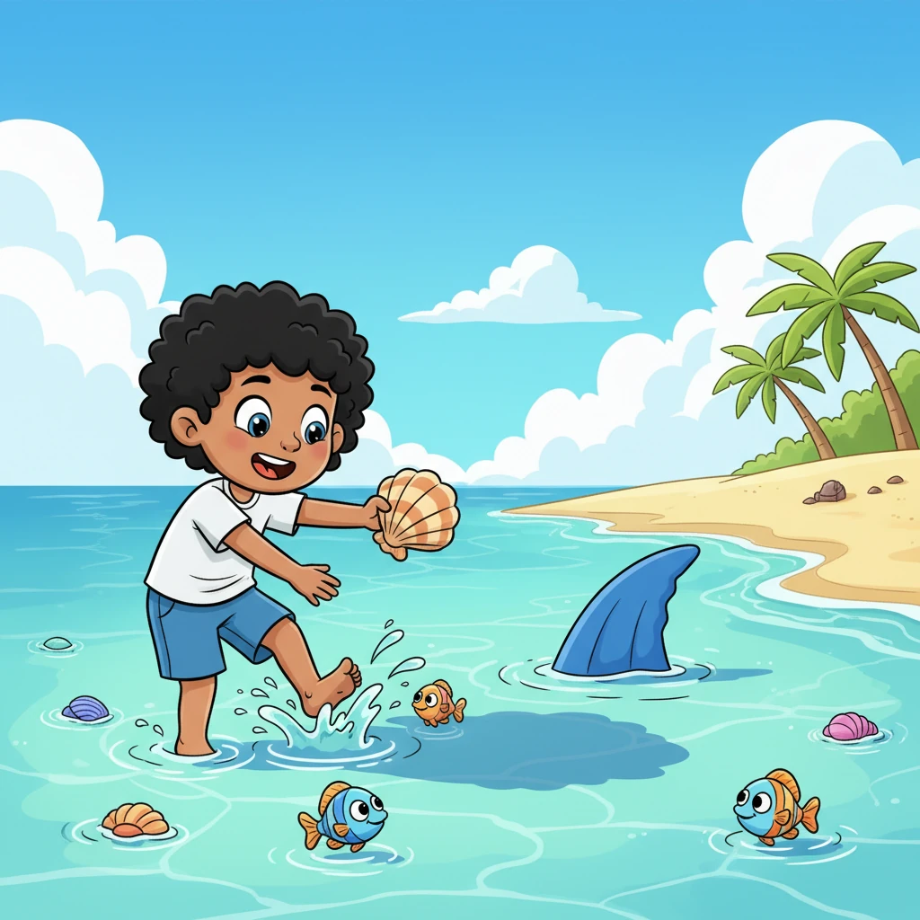 The warm morning sun shines down as Jojo splashes happily in the shallow, crystal-clear water, collecting colorful seashells. He giggles as tiny fish dart around his toes, making little ripples in the water. Suddenly, a shadow passes, and he spots a familiar, large blue fin gliding closer to the shore, much closer than usual.