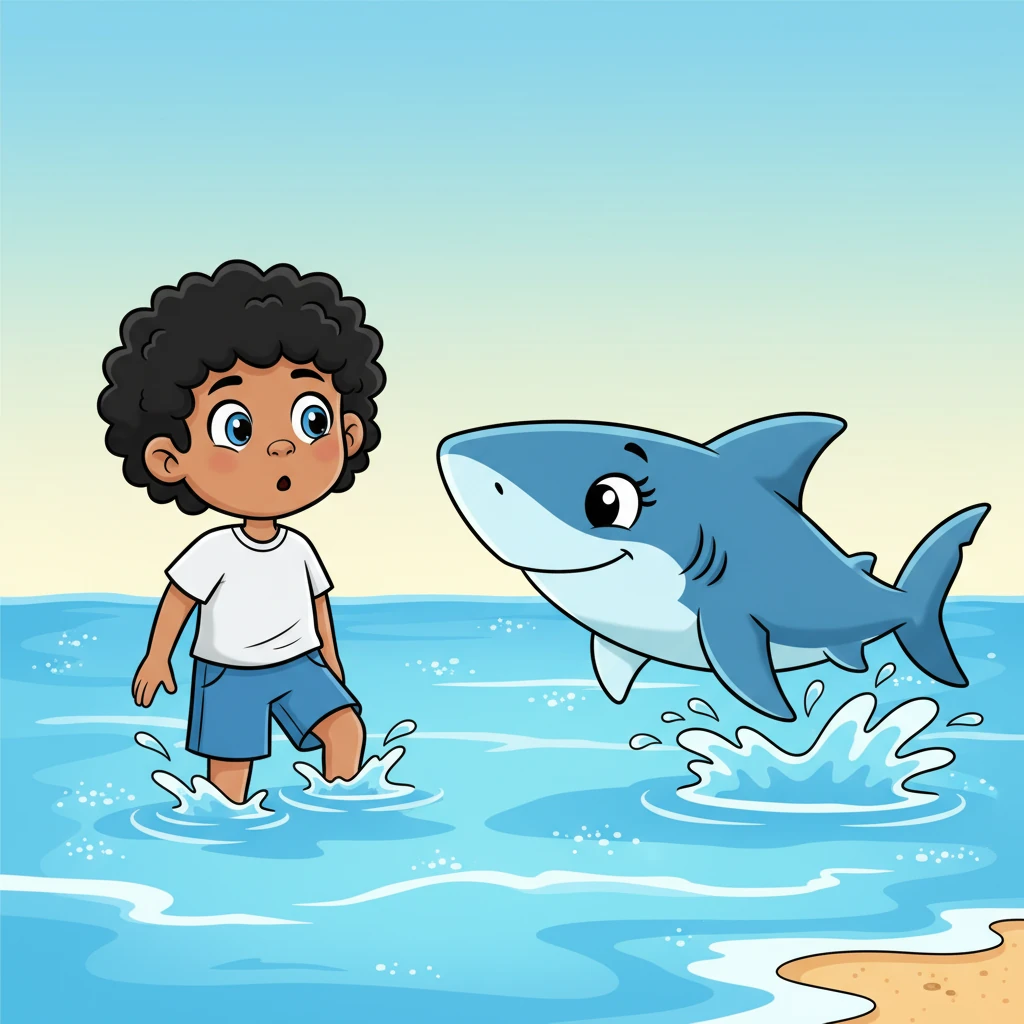 Jojo pauses, a mix of curiosity and slight nervousness on his expressive face. The big blue shark, whose fin he often saw in the distance, now swims slowly towards him. Its large, friendly eye seems to twinkle as it gently wiggles its tail, making soft splashes.