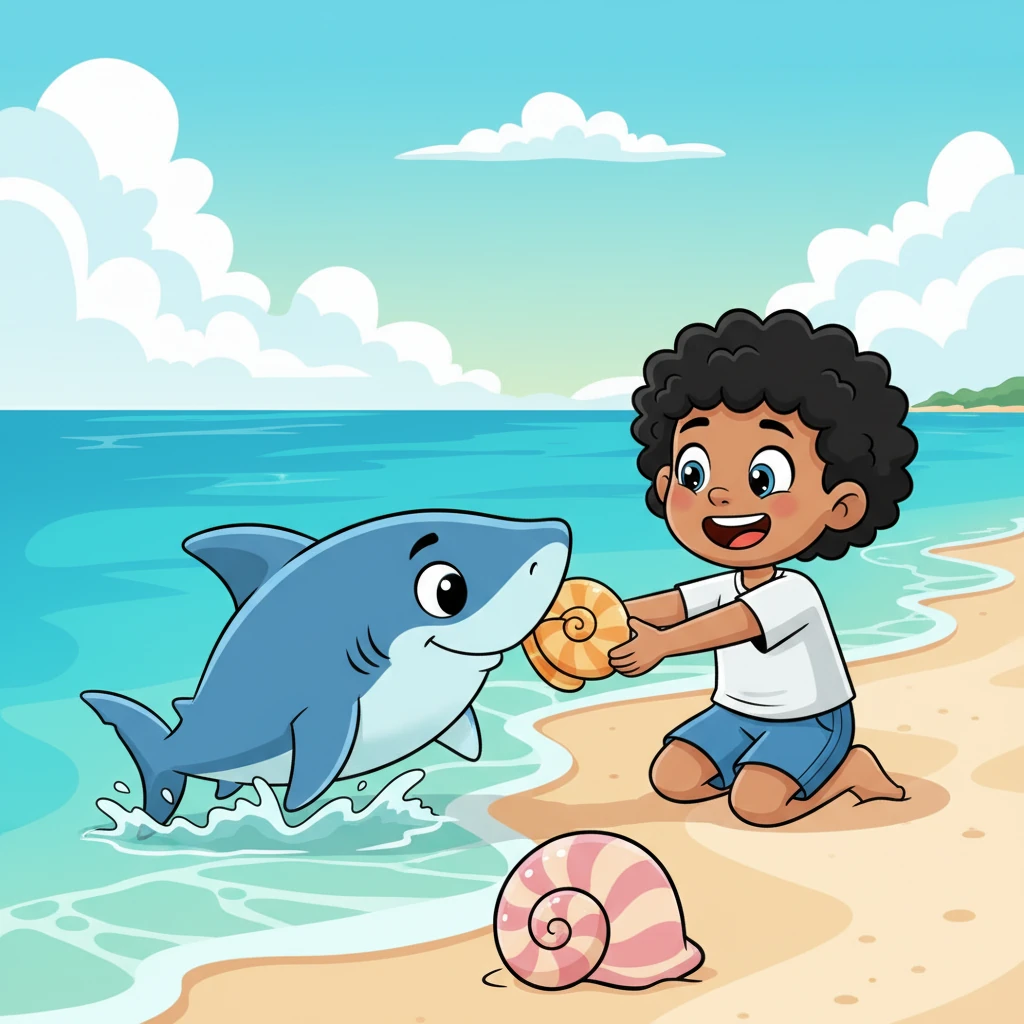 A wave brings a perfectly swirled conch shell right to Jojo's feet. He looks up to see the big blue shark nudging another beautiful shell with its snout, pushing it playfully towards him. Jojo's nervousness melts away, replaced by pure joy and understanding that this shark is truly a friend.