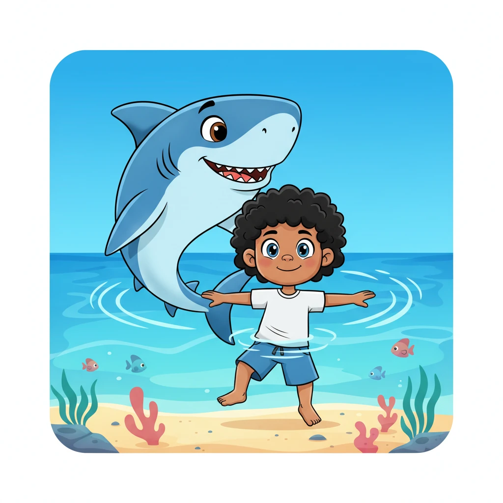 With a brave smile, Jojo wades a little deeper, joining his new friend in the calm, warm water. The big blue shark circles him gently, its movements graceful and playful, as they begin to swim together. It feels like a secret underwater dance between two very different friends.