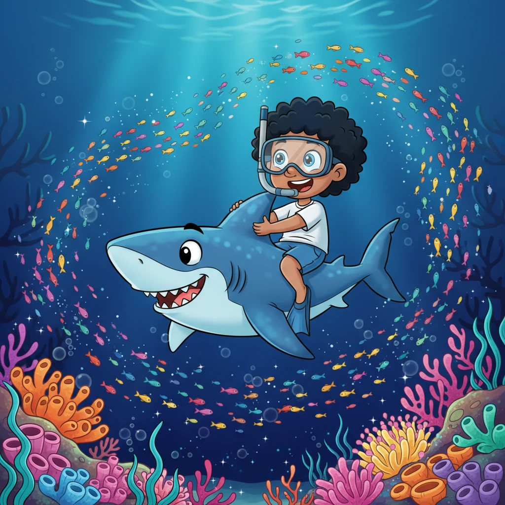 The shark invites Jojo on an adventure, leading him to a breathtaking coral reef teeming with vibrant fish of every color. Jojo, holding onto the shark's fin, marvels at the glowing anemones and schools of tiny, sparkling creatures. It's a magical world he's never seen up close before.