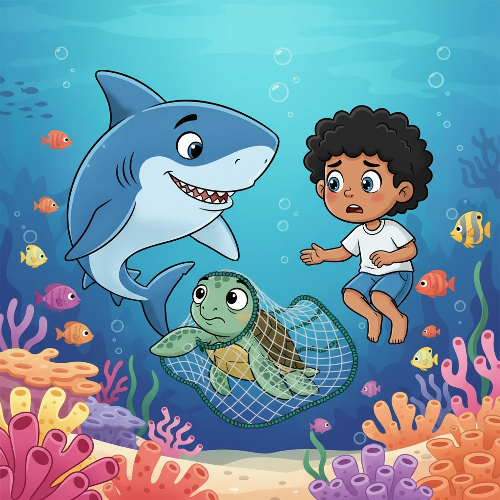 Deep within the reef, they discover a small, shy sea turtle tangled in a discarded fishing net. The turtle looks scared and cannot move. Jojo and the big blue shark exchange worried glances, knowing they must help their new friend.
