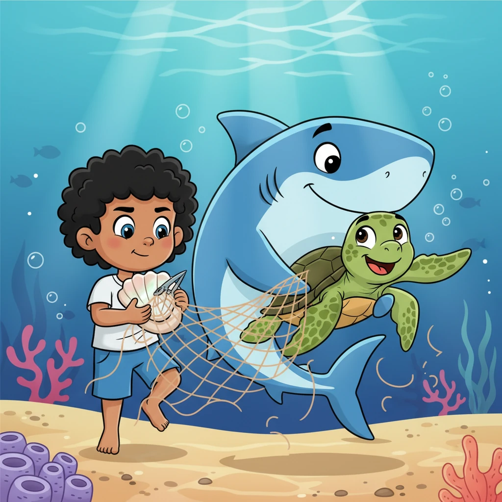 Working together, Jojo carefully uses a sharp shell to snip away at the net, while the big blue shark gently holds the turtle still. With a final tug, the turtle is free! It wiggles its flippers happily, swimming away with a grateful nod.