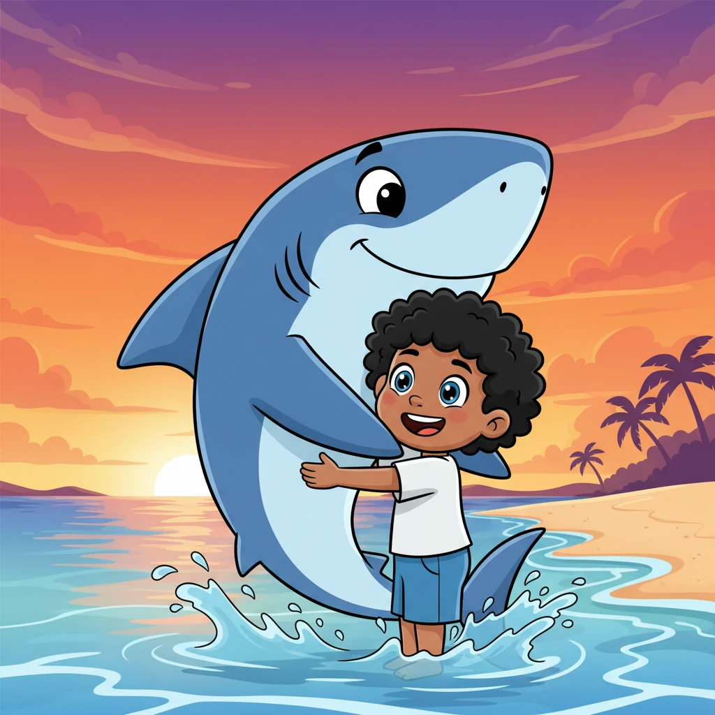 As the sun begins to set, painting the sky in fiery oranges and purples, Jojo and the big blue shark return to the shallow waters near the beach. Jojo gives his friend a big hug, his heart full of happiness and gratitude. They share a silent promise of future adventures.