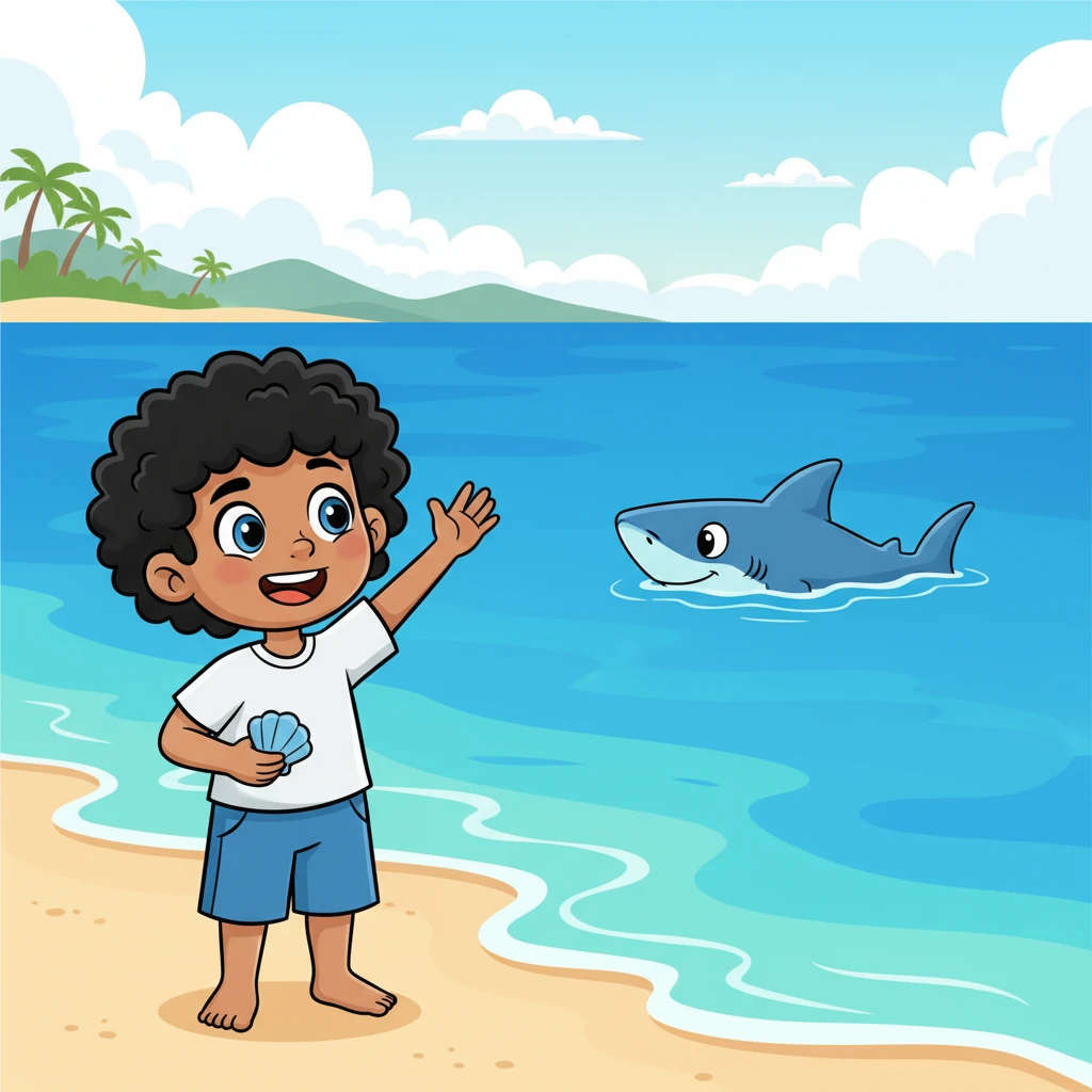 Jojo stands on the beach, waving goodbye as the big blue shark swims gracefully back into the deeper ocean, its fin visible for a moment longer. He knows he has a special friend watching over the sea. With a contented smile, Jojo heads home, dreaming of the next time he'll see his wonderful blue companion.