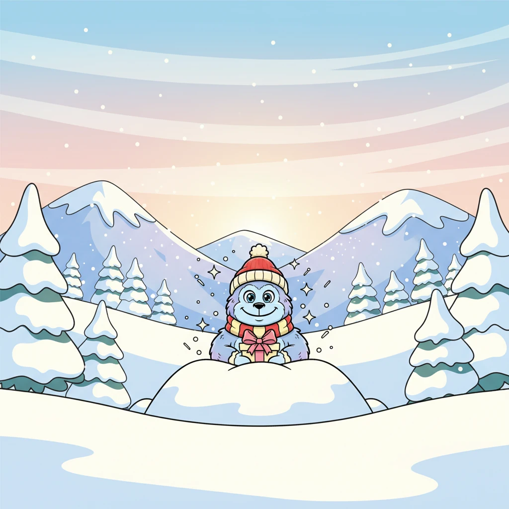 A wide, vibrant cartoon landscape shows glittering mountain peaks under a pale, cheerful winter sky. In the mid-ground, a cozy, hidden snowy valley with rounded pine trees and gentle, sweeping slopes unfolds. Bo, the fluffy Yeti, peeks playfully from behind a snowbank, his big, friendly eyes and warm smile clearly visible. Soft, magical sparkles shimmer in the air, catching the light like tiny diamonds.