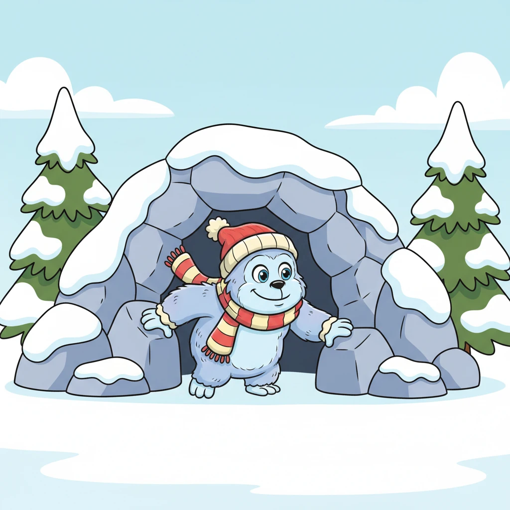 Bo's snug little home is nestled between soft, rounded rocks and fluffy pine trees, where snow drifts gently in a painterly style. He watches the world from a safe, cozy distance, his big, kind eyes filled with curiosity. The scene is bathed in soft daylight, highlighting his snowy-white fur with subtle pale-blue shading.