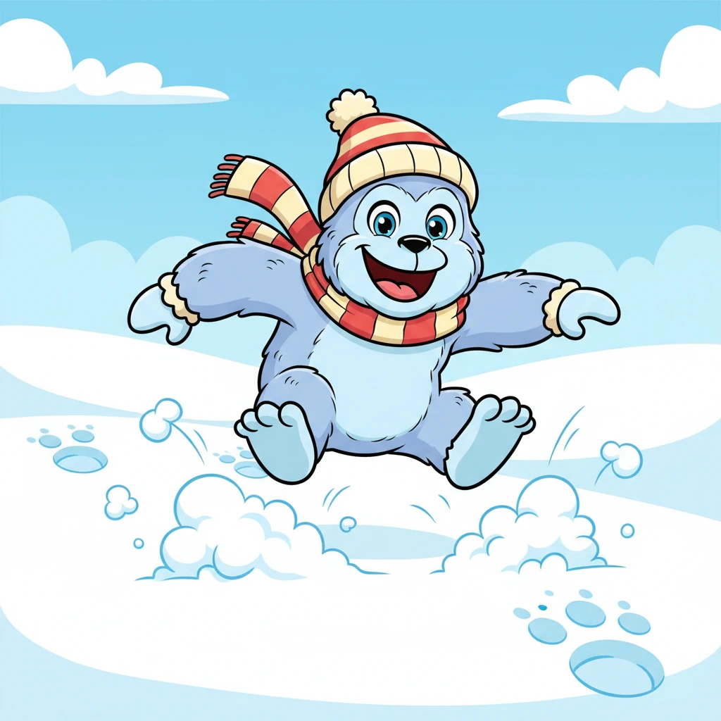 From a dynamic, fun angle, Bo stomps through powdery snow, his exaggerated giant feet leaving huge, playful footprints. Bright, cheerful snow puffs up around his feet like cartoon clouds. He's laughing with a wide, expressive grin, his body in a dynamic, joyful pose.