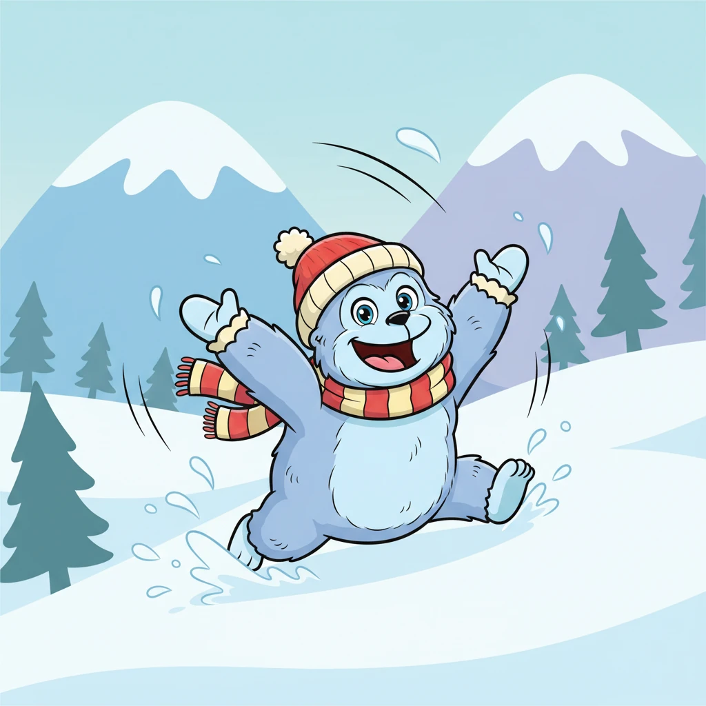 Bo belly-slides down a gentle slope, his arms spread wide like airplane wings, a huge, happy smile on his face. Motion lines emphasize the fun, with snow spray arching playfully behind him. The background features layered, rounded mountains and stylized pine silhouettes, all in cool, crisp snow tones.