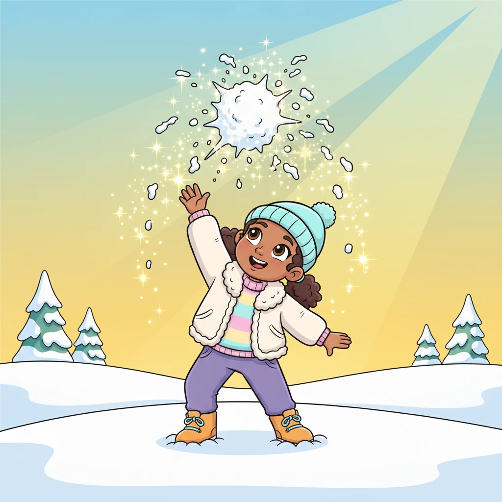 With a mighty, playful toss, Bo sends a snowball soaring straight upward into the bright, cheerful sky. It bursts into glittering, whimsical flakes that twirl and dance like tiny stars. Warm, golden sunlight catches the sparkles, creating a magical, lighthearted moment.